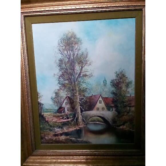 Antique Original Oil Painting Signed Wallner the Village Professionally Framed - Picture 2 of 4